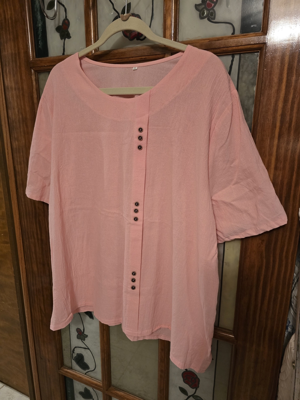 Relaxed Pink Short-Sleeve Button-Trim Blouse